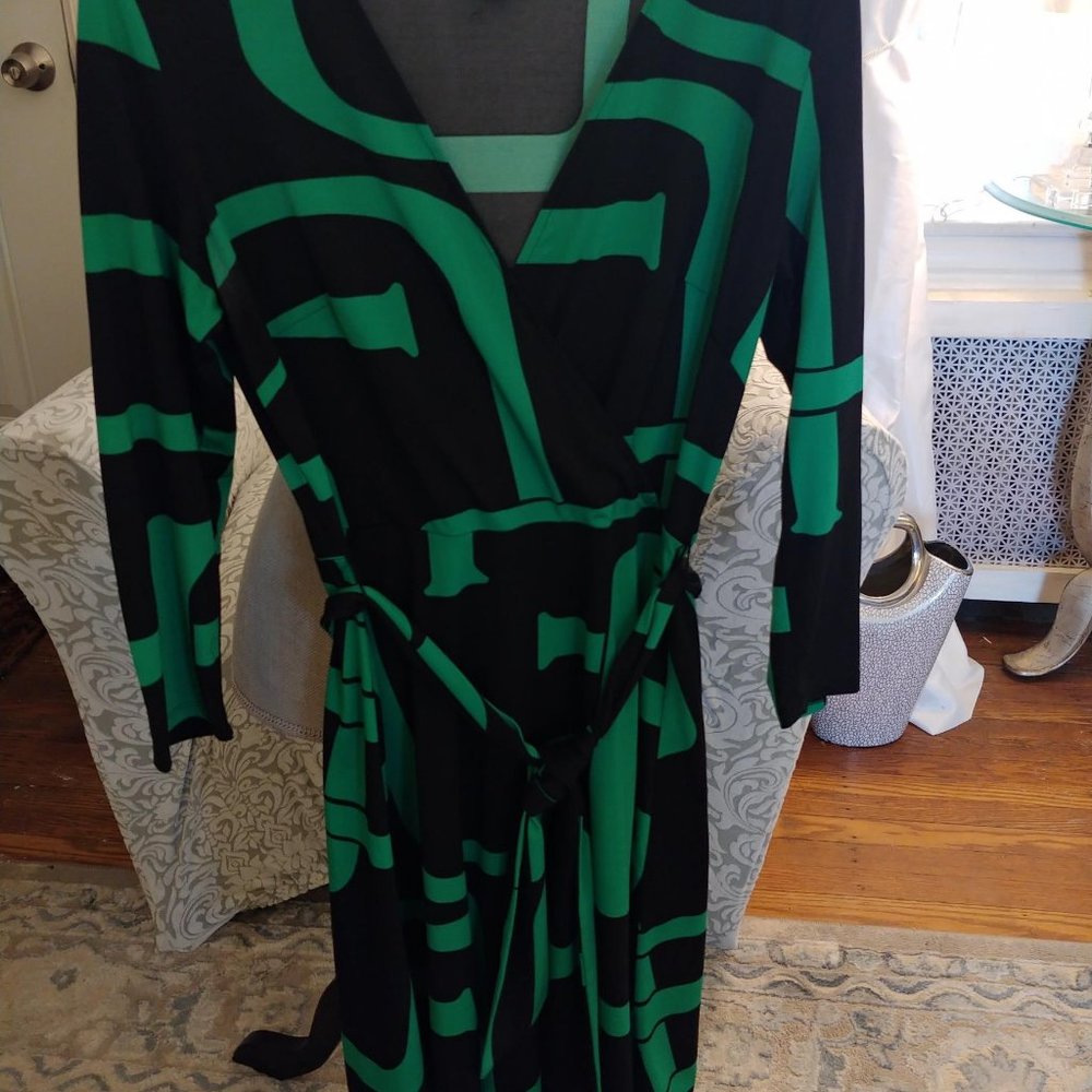 INC 3/4-Sleeve Dress Mock-Wrap with Belt Thin Black/Green Graphic Dress